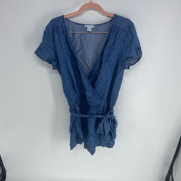 Daily Ritual Women’s Blue Faux Wrap Short Sleeve Romper Size 8 - Picture 1 of 6